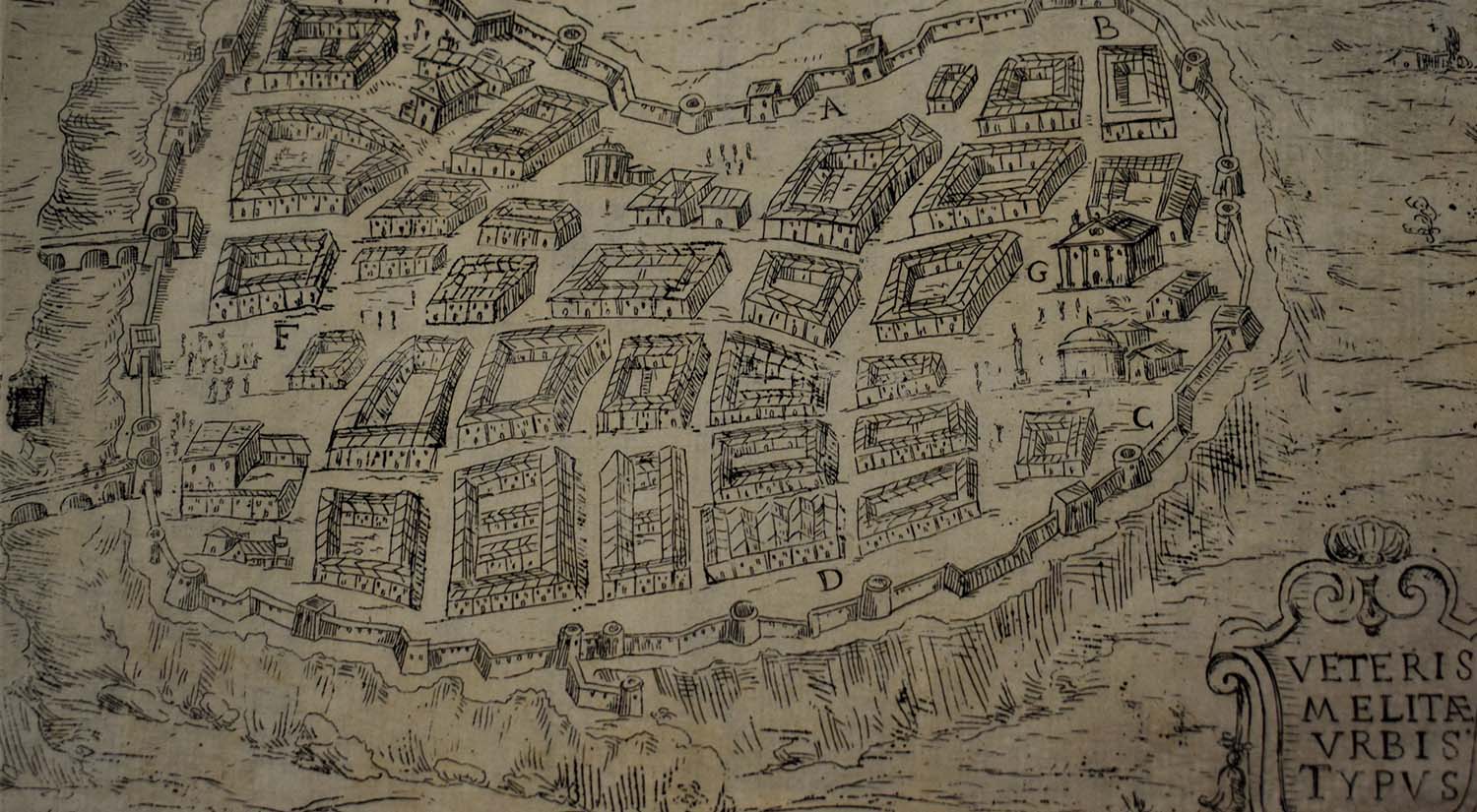 Hypothetical reconstruction of the ancient city of Melite, published by Abela in 1647 (National Museum of Archaeology, Heritage Malta)