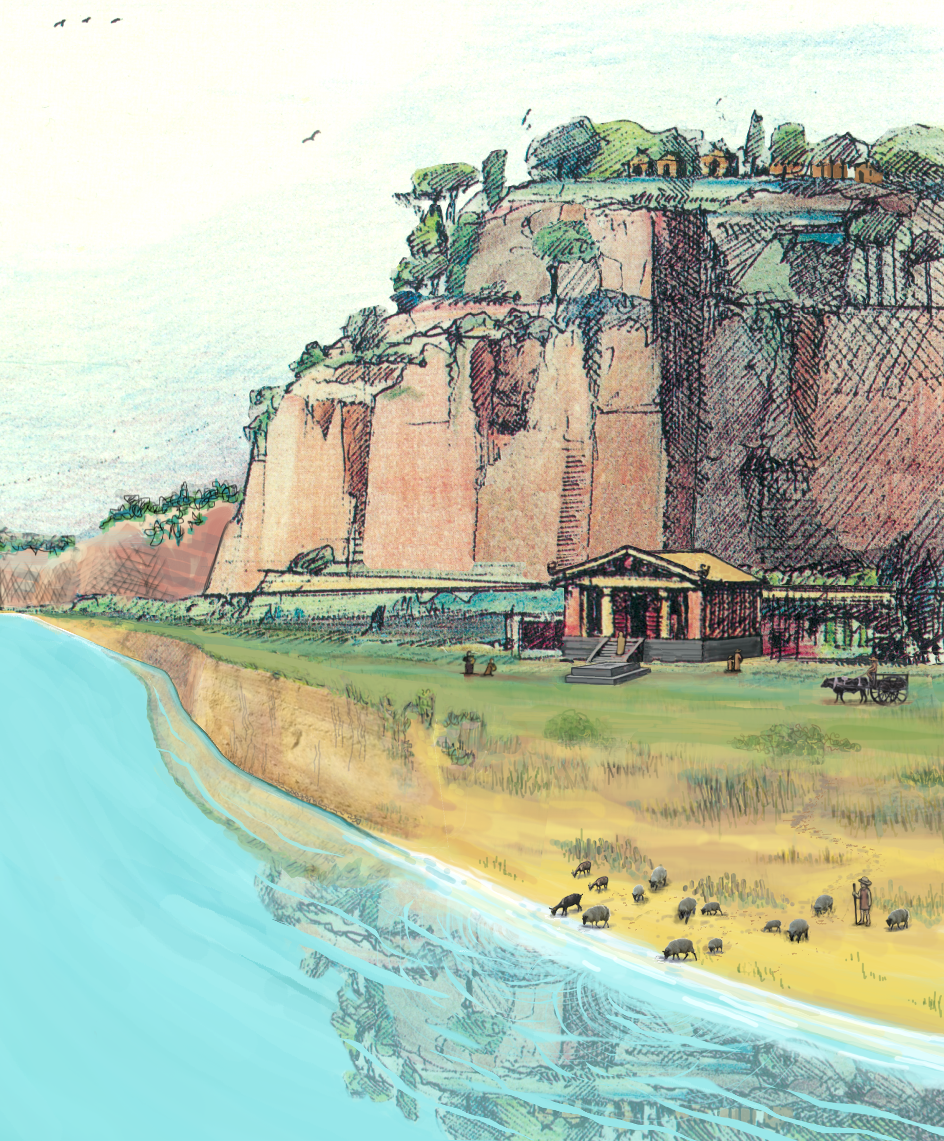 Visualisation of the early archaic riverbank looking north towards the harbour temple and the Capitoline Hill, depicted with a low river level. (Lorene Sterner, after Ioppolo in Pisani Sartorio 1989)