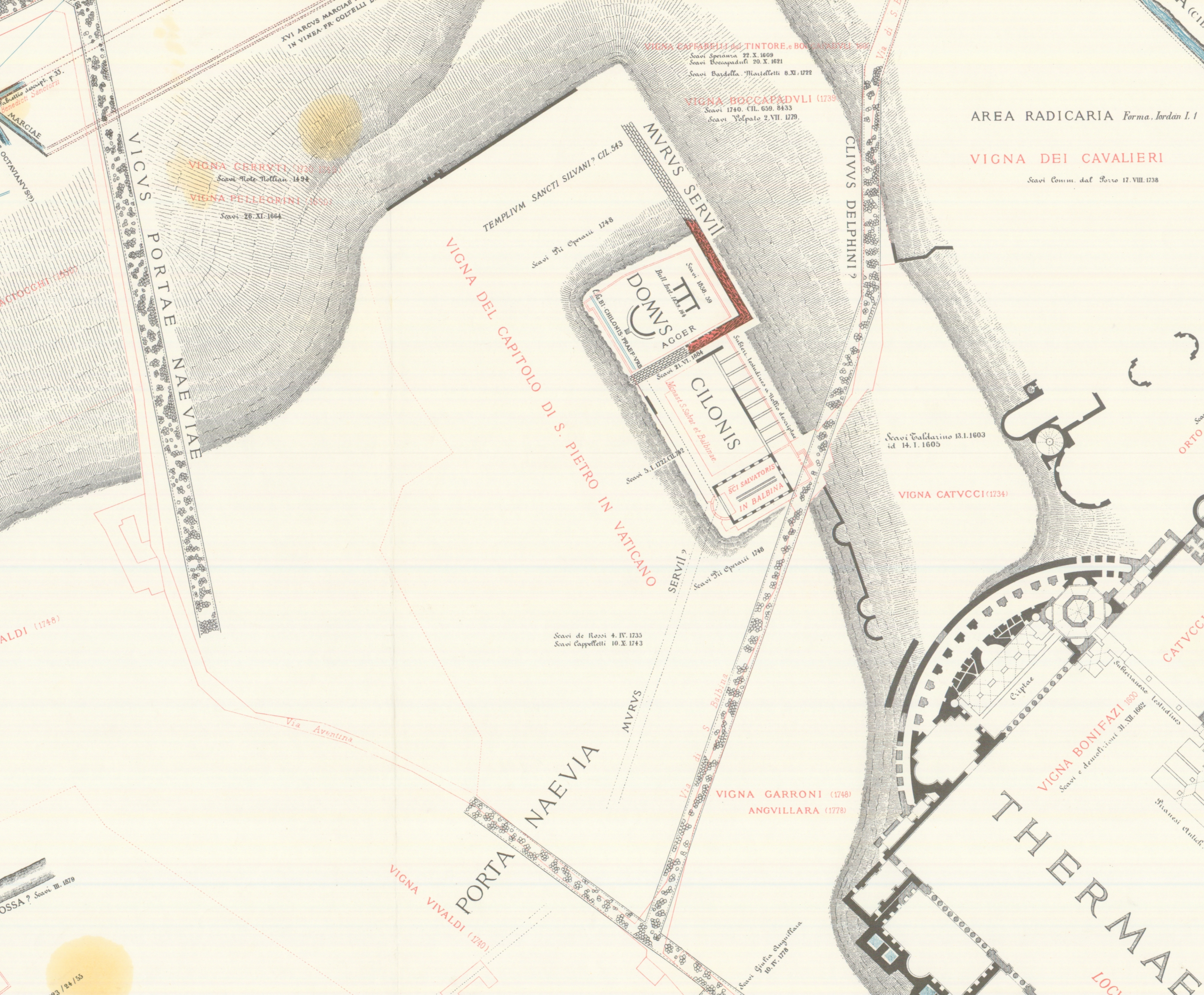 Lanciani’s 1901 map of the Aventinus Minor hill, highlighting the House of Cilo and the presumed course of the Servian Walls (tav. 41).