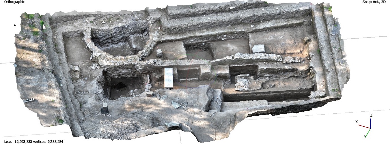 Orthographic 3D model of Area III, featuring a lime kiln, water features, terracing walls, and an imperial garden walkway and steps.